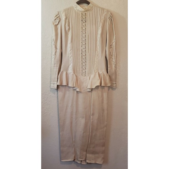 Jessica McClintock Vintage Beige Linen Peplum Ruffle Dress Exquisite, Sz 6 - Picture 2 of 16